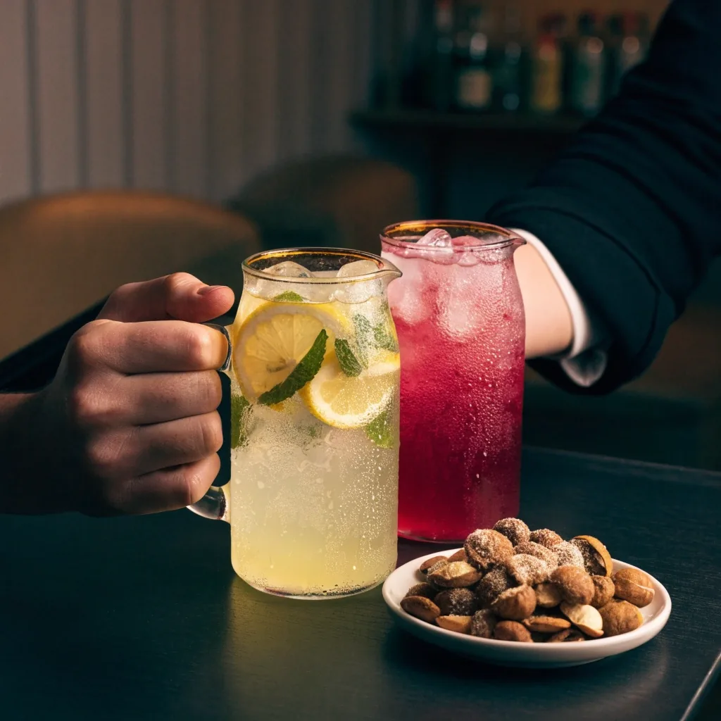 Domácí limonády v džbánech na stole v lounge kavárně