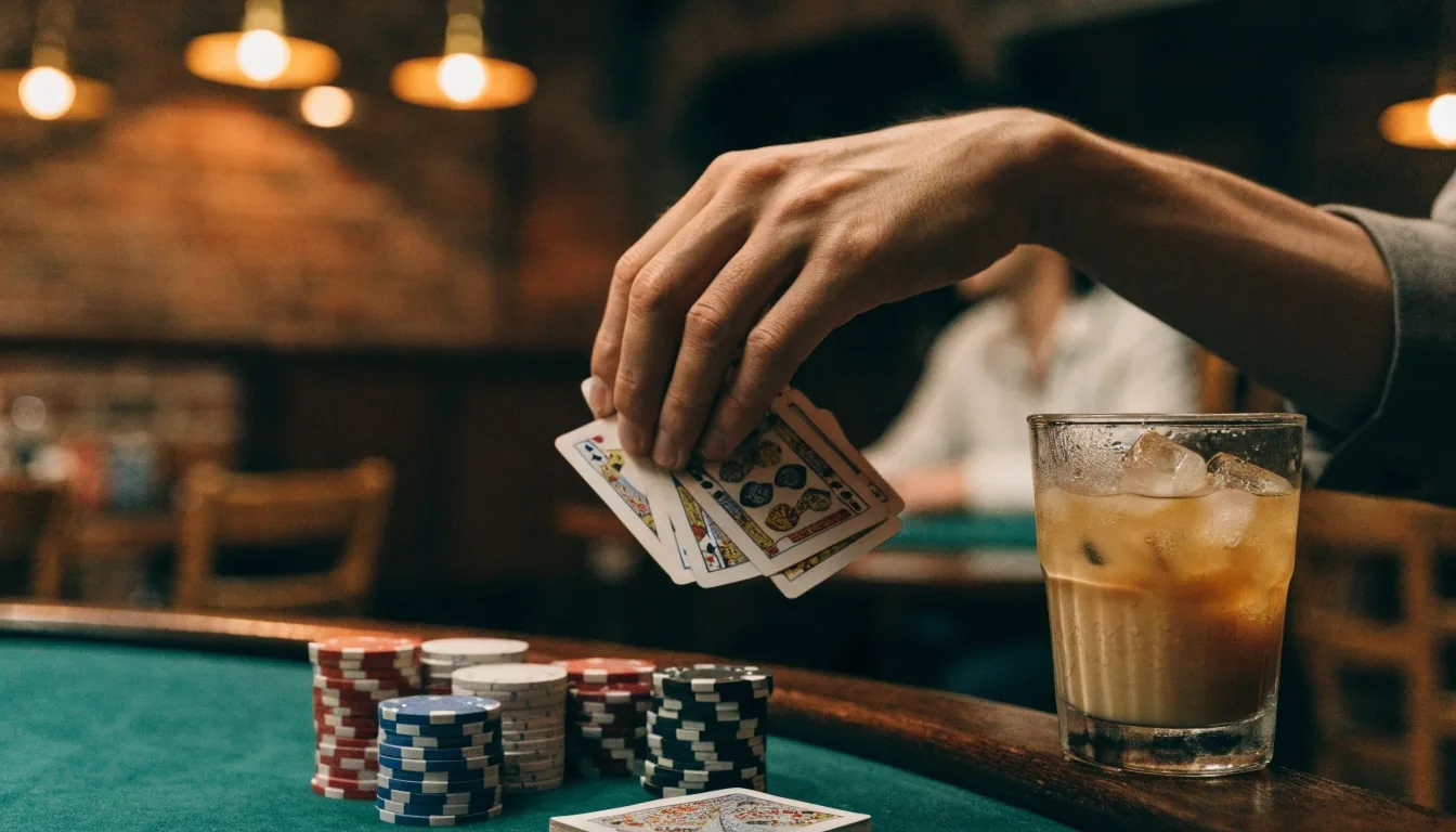 Pokerový stůl v pauze mezi hrami, karty a žetony na filcu, otevřené okno a teplé světlo nad stolem