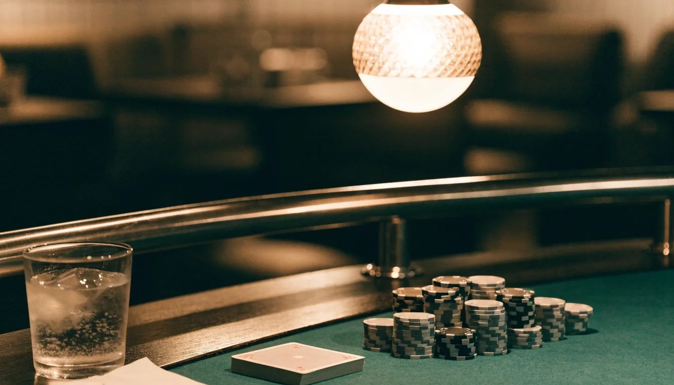 Pokerový stůl v klidu před večerem, karty a žetony na zeleném filcu