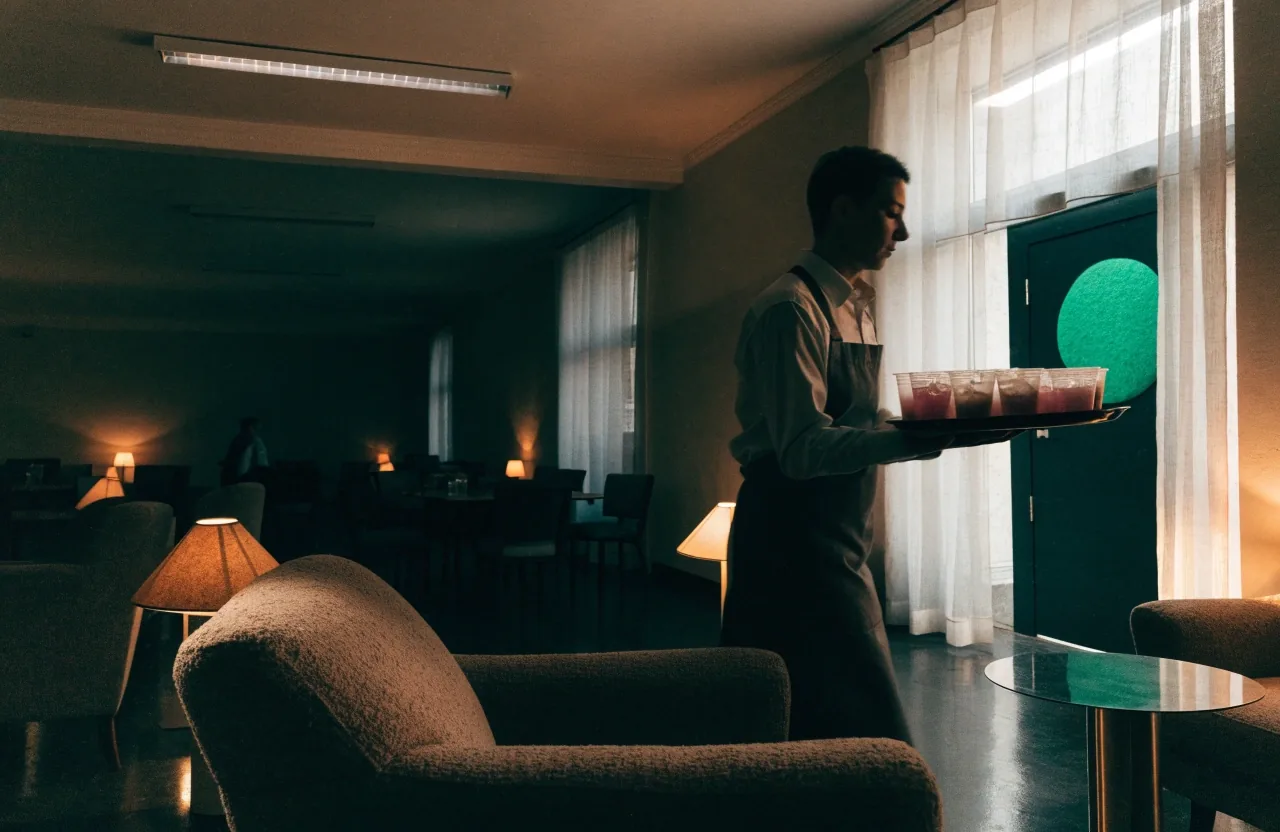 Interiér lounge kavárny s křesly a dlouhým barem v odpoledním světle